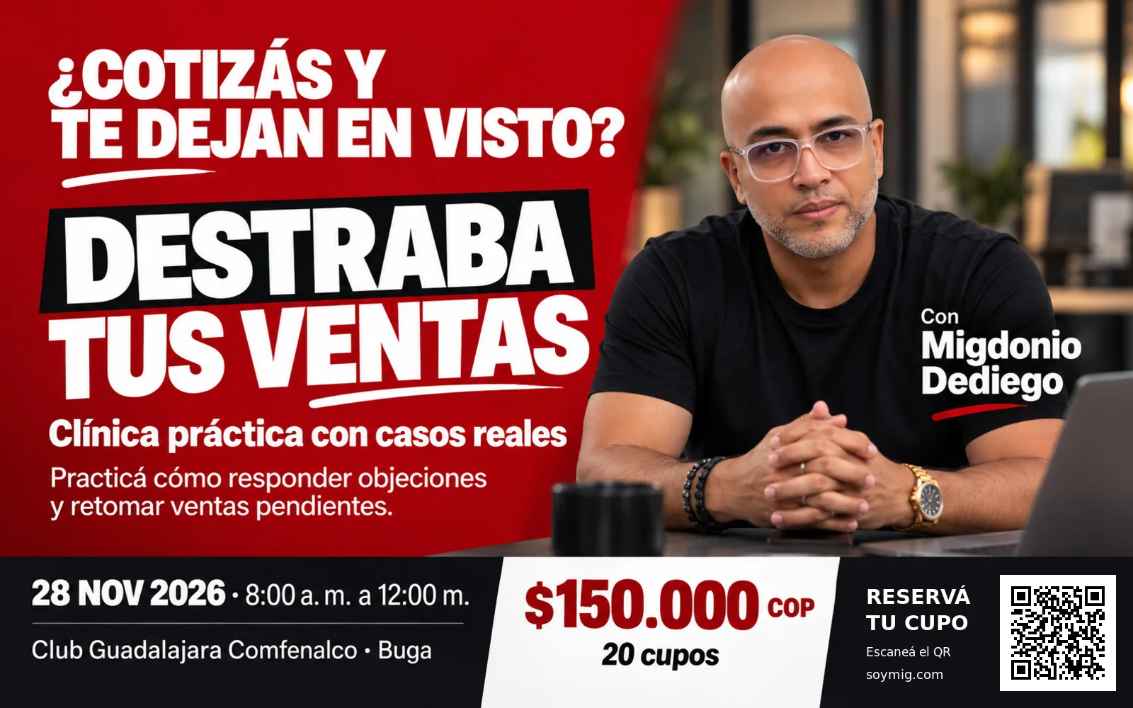 mig mirando de frente a la audiencia mientras le cuentan sus problemas con ventas
