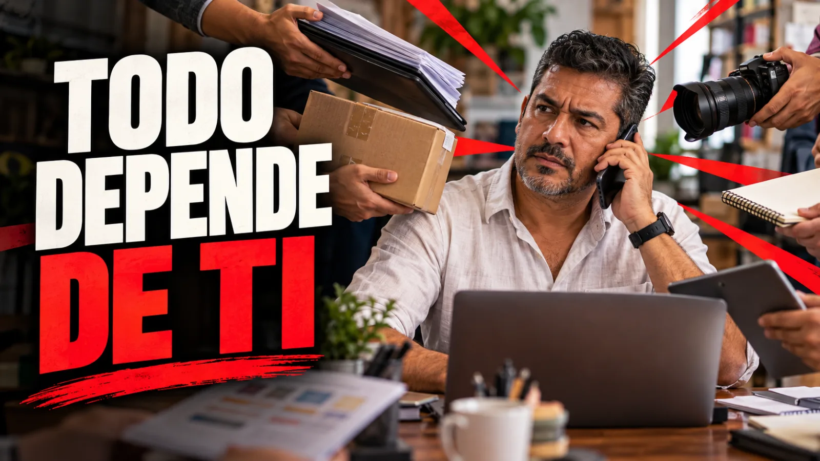 Emprendedor atiende el teléfono mientras varias manos le acercan documentos, productos y tareas. Texto: «Todo depende de ti».