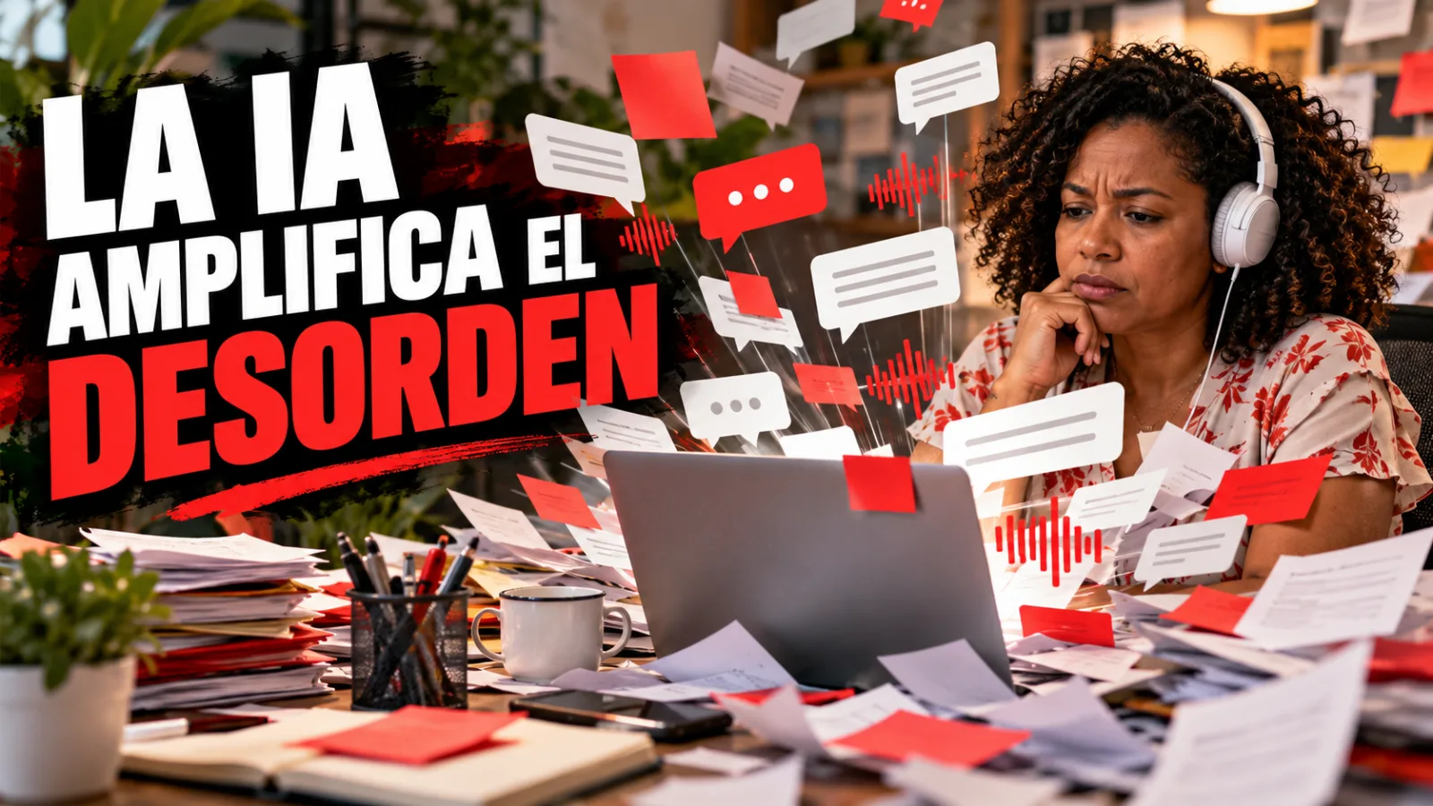 Responsable comercial con auriculares, rodeada de mensajes y documentos que emergen de un portátil. Texto: «La IA amplifica el desorden».